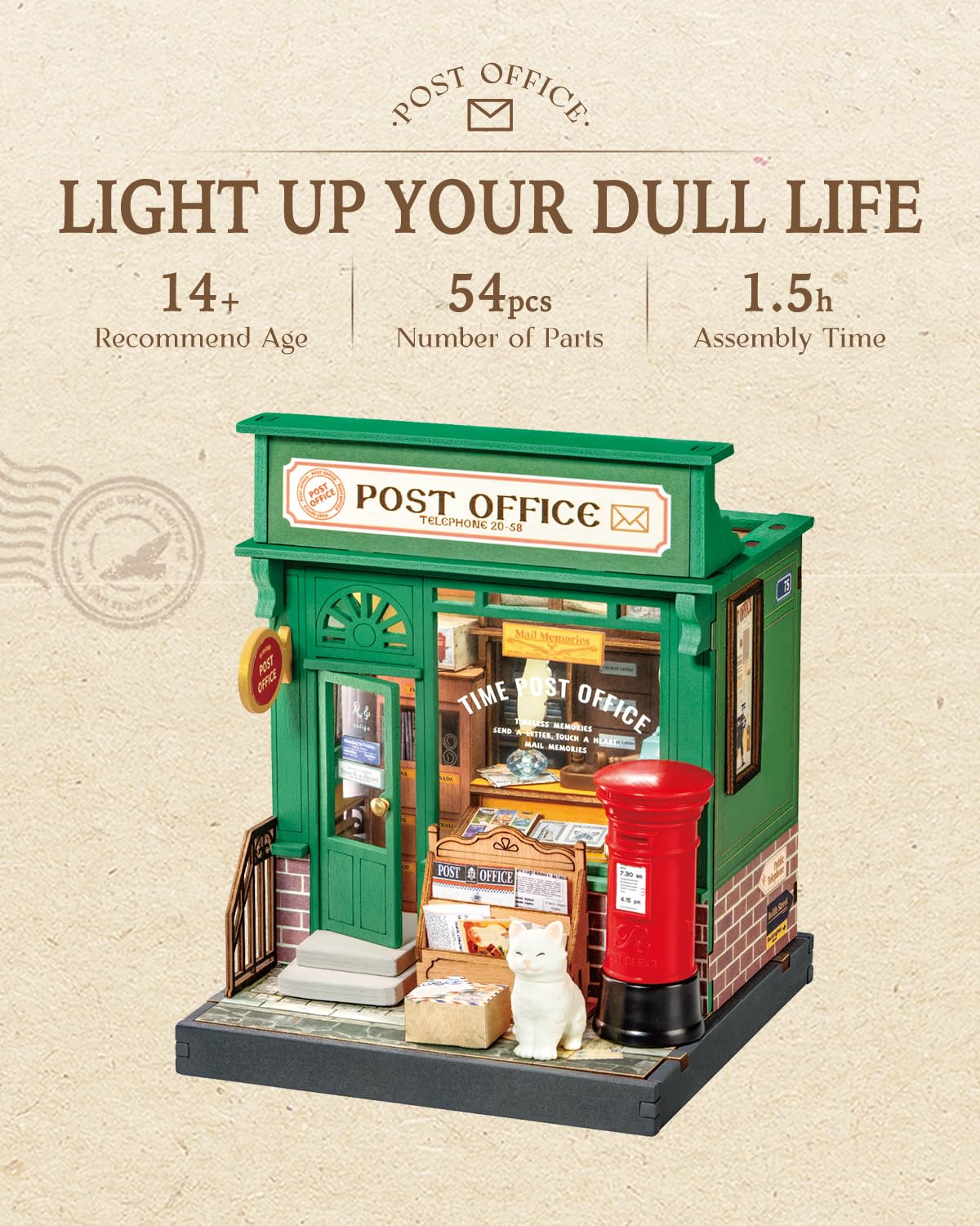 Rolife Century Post Office kit desk setup for a cozy miniature vignette