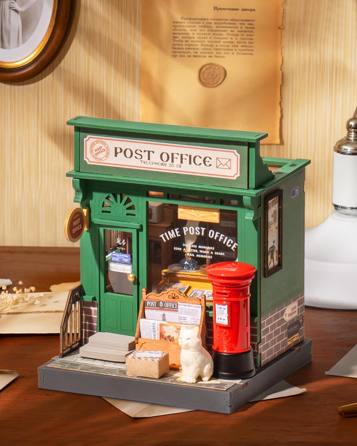 Rolife Century Post Office kit detailed side view highlighting precise joinery for collectors