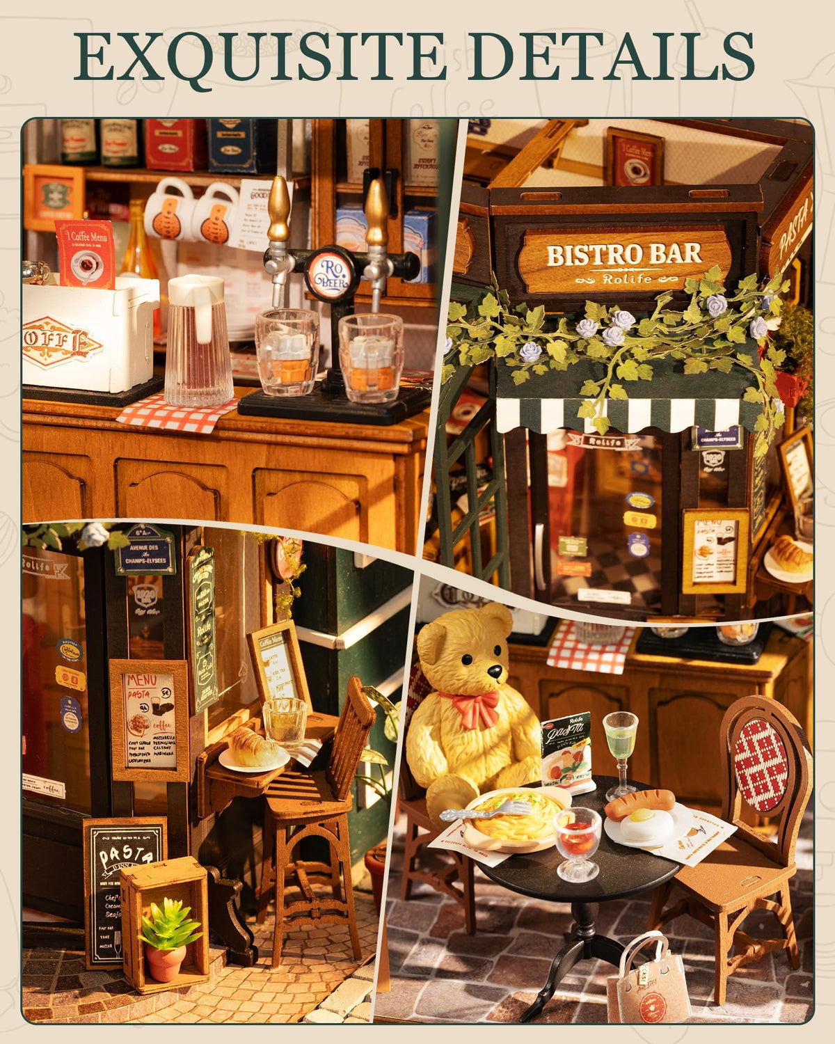 Rolife Coffee Bar diorama bar shelf close-up, showcases realistic miniature drinks.