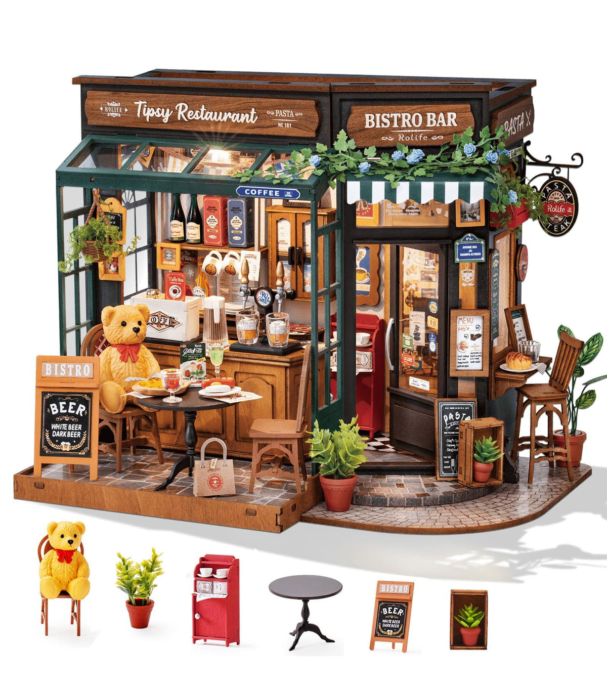 Rolife Coffee Bar diorama front view, adds warm ambiance to your desk.