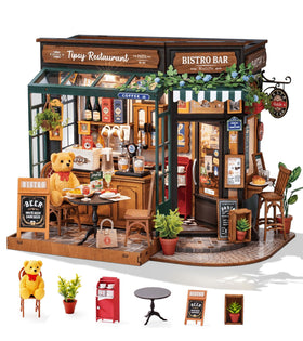 Rolife Coffee Bar diorama front view, adds warm ambiance to your desk.