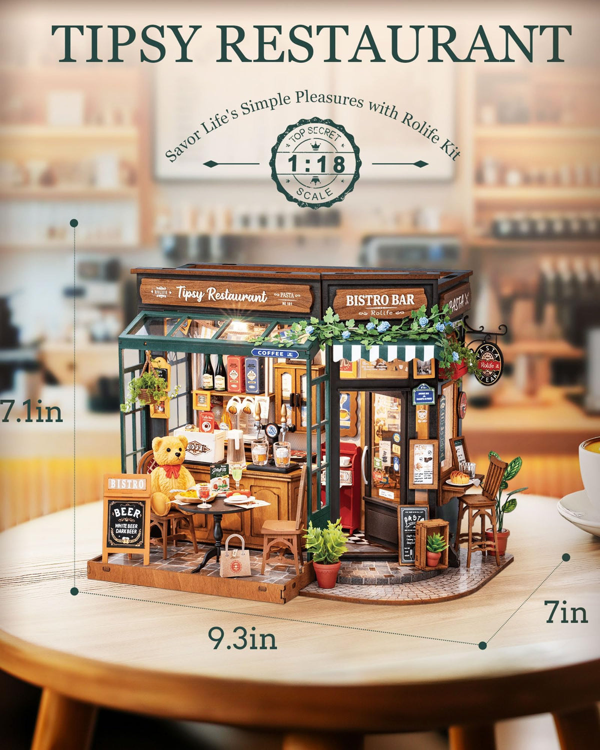 Rolife Coffee Bar diorama interior with LED lighting, creating inviting evening mood.
