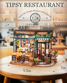 Rolife Coffee Bar diorama interior with LED lighting, creating inviting evening mood.
