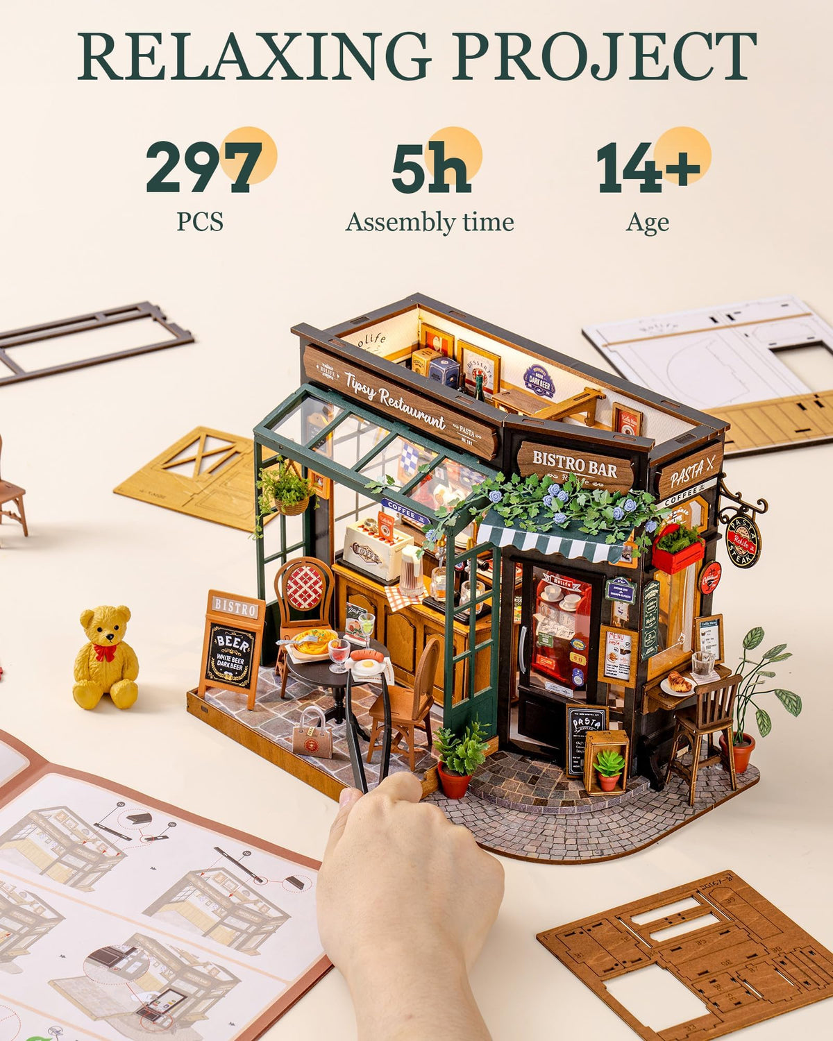 Rolife Coffee Bar diorama packaging scene, ready-to-gift presentation.
