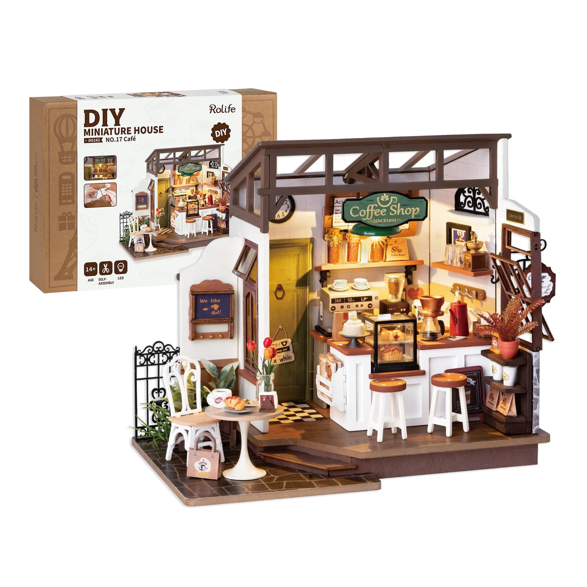 Rolife Coffee Shop Miniature Kit components laid out for easy assembly