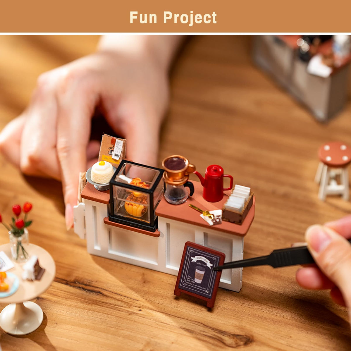 Rolife Coffee Shop Miniature Kit interior with LED lighting for warm ambience