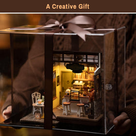 Rolife Coffee Shop Miniature Kit plastic and wood pieces for a clear structure
