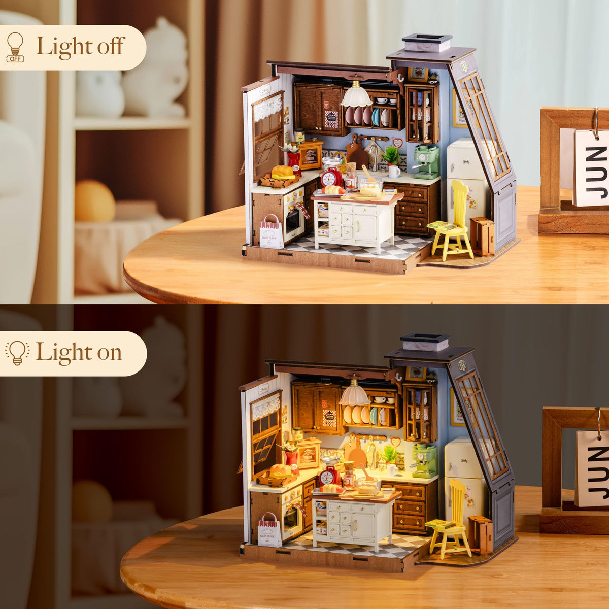 Rolife miniature decor brightens bedrooms and shelves with gentle illumination.