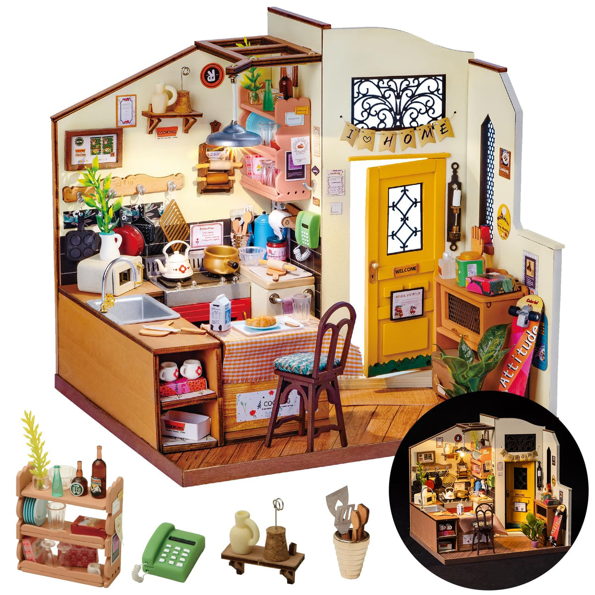 Rolife Cozy Kitchen dollhouse kit with assembly parts for creative relaxation.