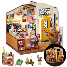 Rolife Cozy Kitchen dollhouse kit with assembly parts for creative relaxation.