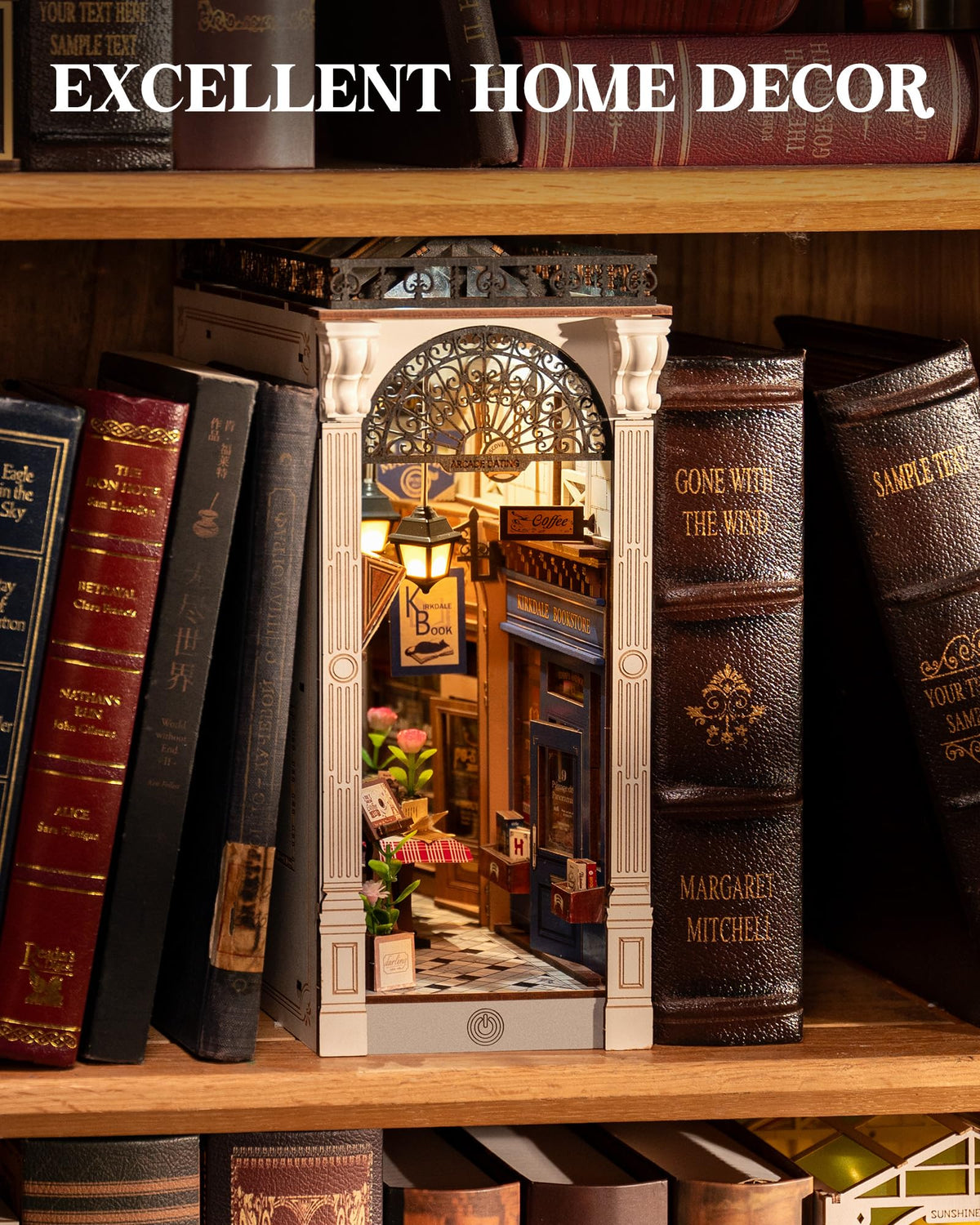 Rolife DIY Book Nook day-night lighting toggle creates adjustable ambiance.