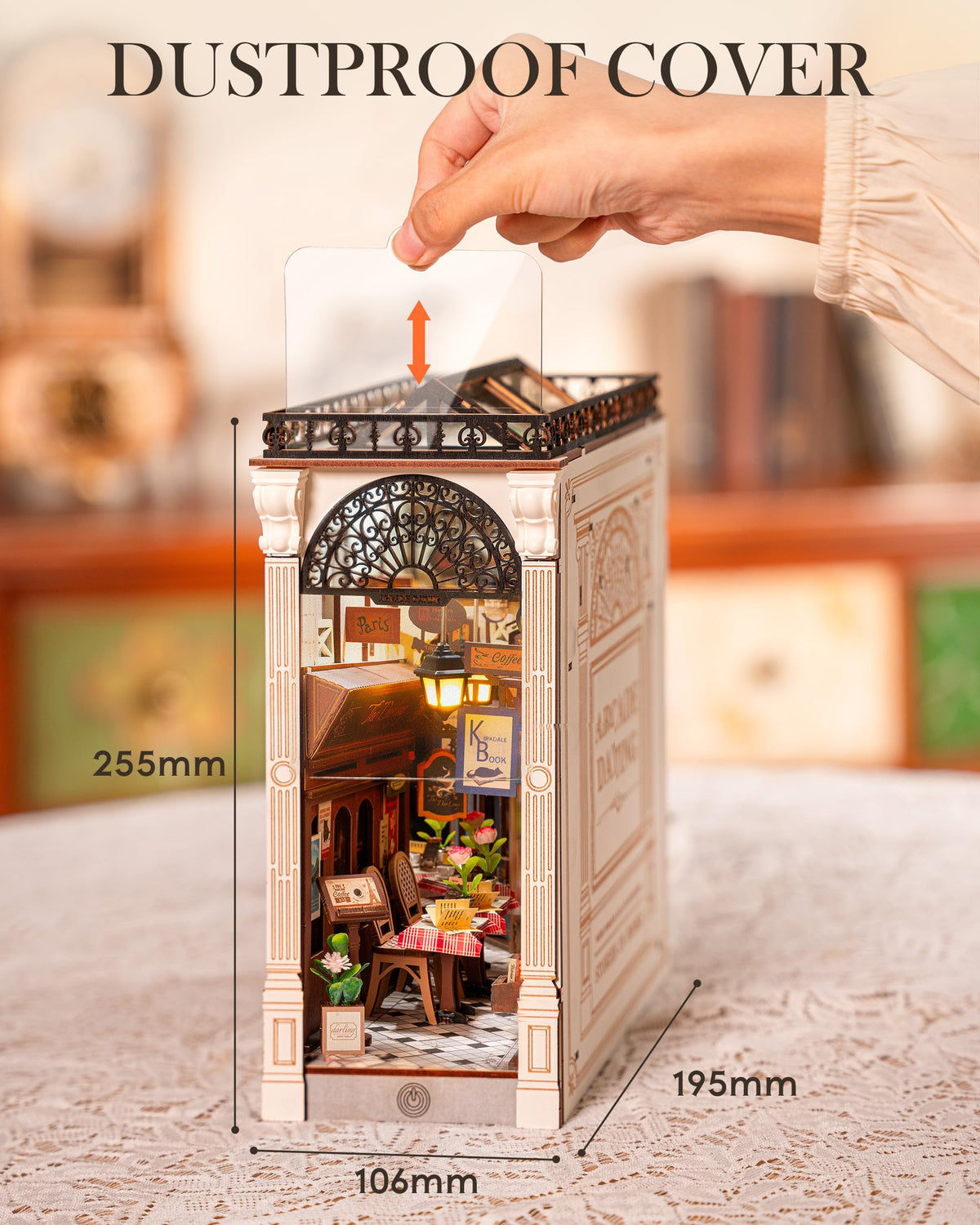 Rolife DIY Book Nook laser-cut pieces enable precise snap-fit assembly.