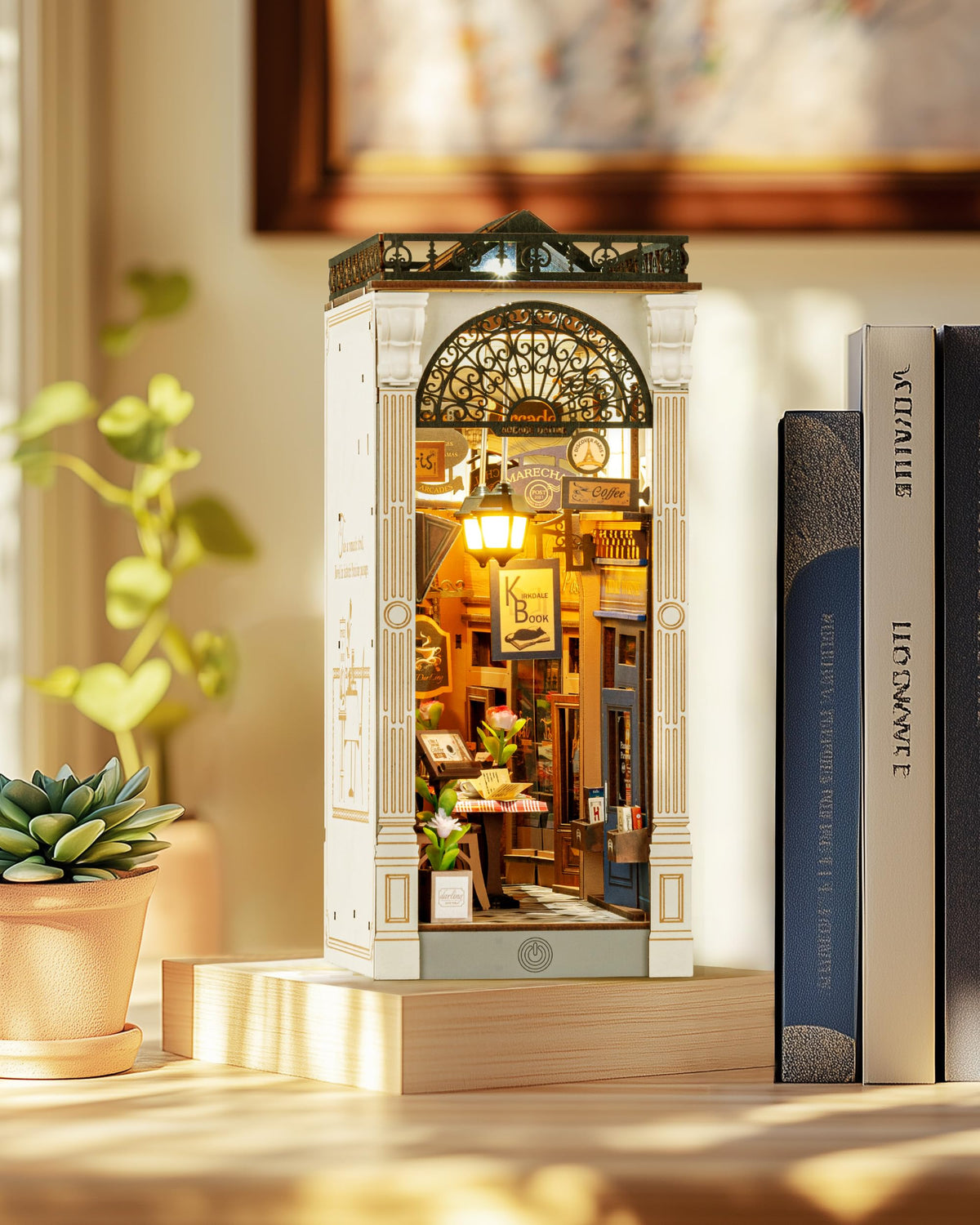 Rolife DIY Book Nook stained glass windows add vintage ambiance to display.