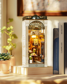 Rolife DIY Book Nook stained glass windows add vintage ambiance to display.
