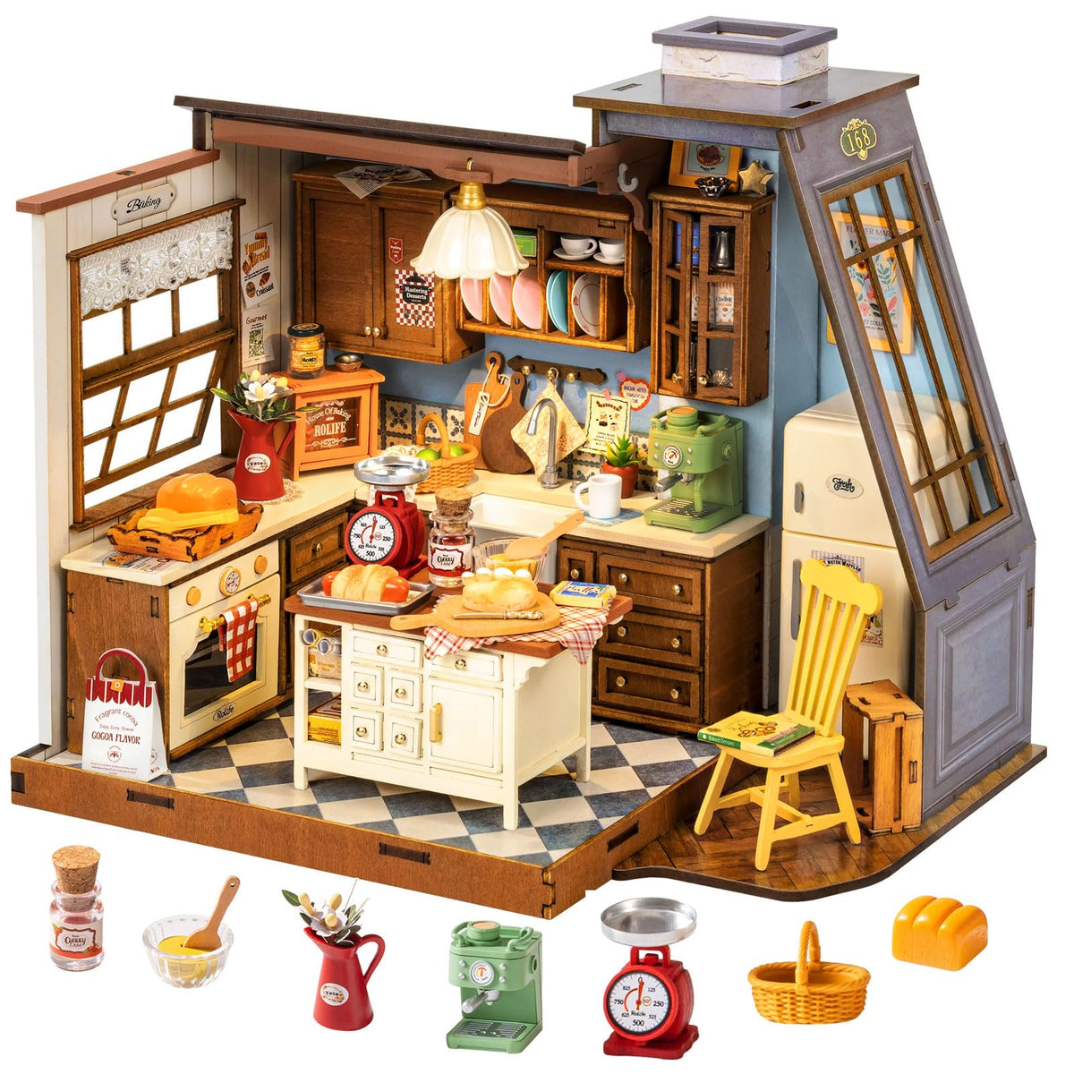 Rolife DIY dollhouse baking kitchen with pitched roof skylight, ideal for sunny display.