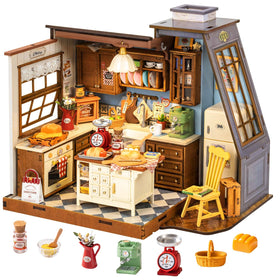 Rolife DIY dollhouse baking kitchen with pitched roof skylight, ideal for sunny display.