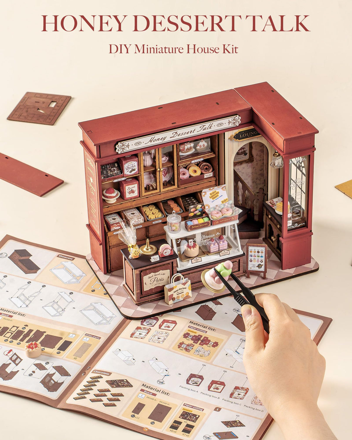 Rolife cake stand and desserts detail for cozy patisserie vibe.