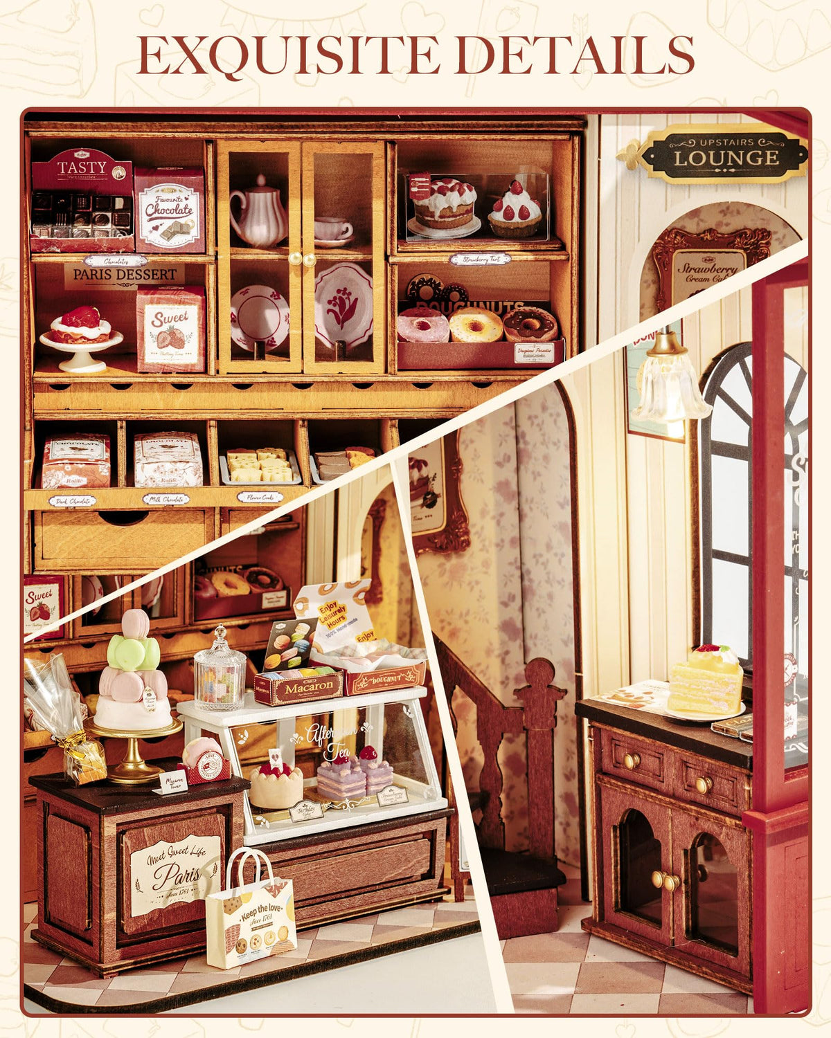 Rolife patisserie macarons display with whimsical dessert details.