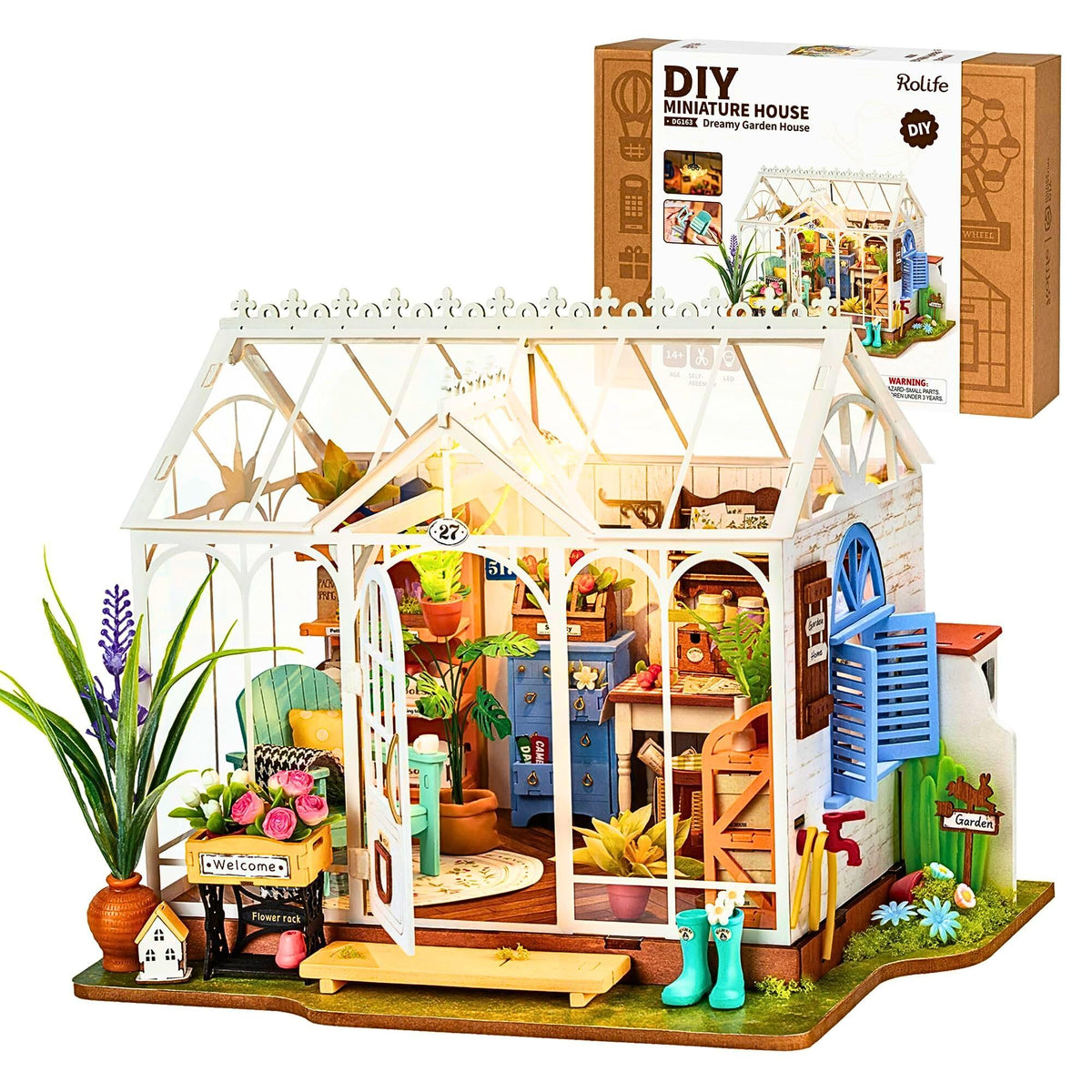 Rolife DIY Miniature Greenhouse front view for desk decor and relaxing crafting.