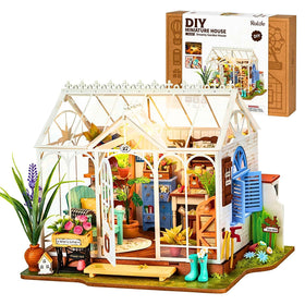 Rolife DIY Miniature Greenhouse front view for desk decor and relaxing crafting.