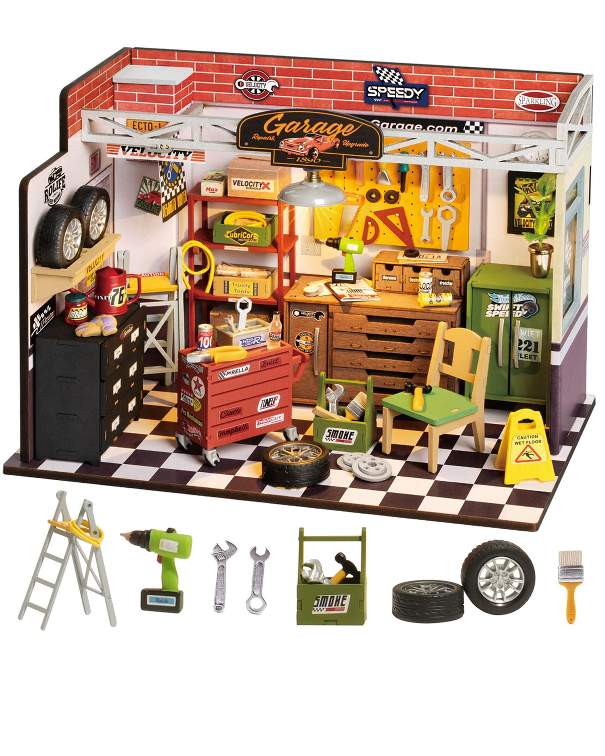 Rolife DIY miniature garage workshop with LED lights for cozy display