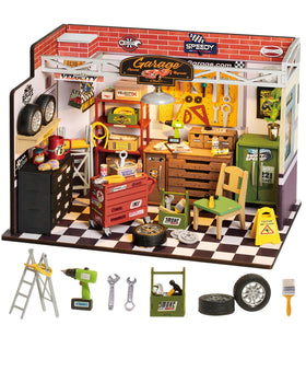 Rolife DIY miniature garage workshop with LED lights for cozy display