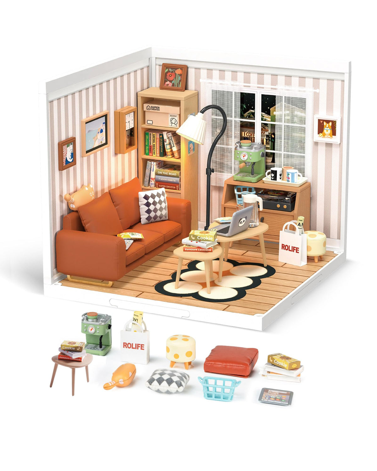 Rolife DIY miniature living lounge assembly—cozy one-room setup perfect for tabletop display.