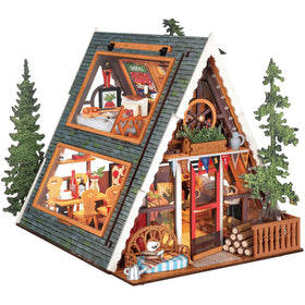 Rolife dollhouse exterior A-frame cabin ready for shelf display.