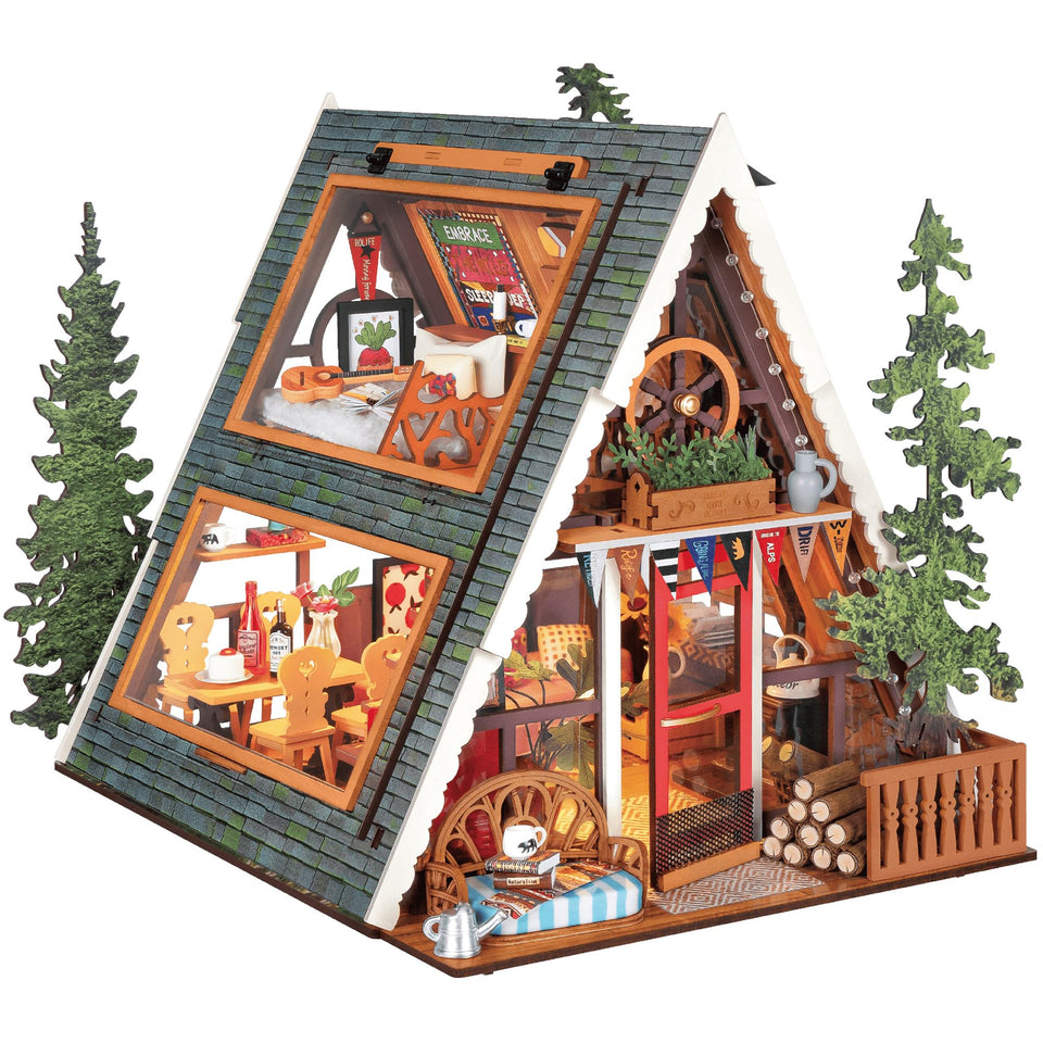Rolife dollhouse exterior A-frame cabin ready for shelf display.
