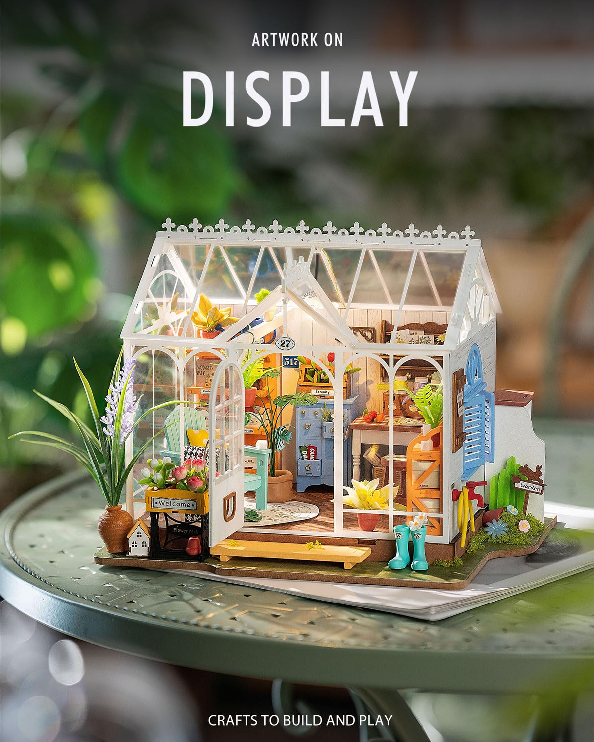 Rolife DIY Miniature Dollhouse Kit interior view highlights cabinets and plants