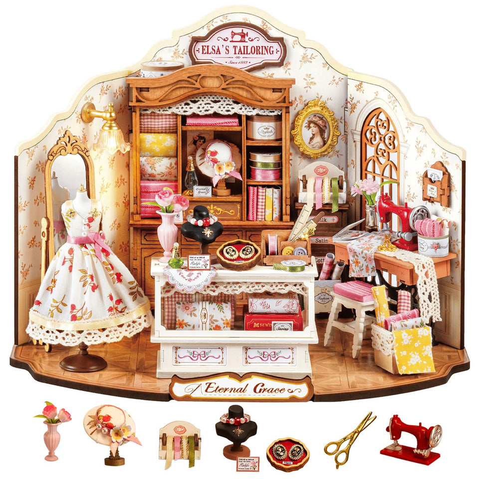 Rolife Elsa's Tailoring dollhouse interior diorama showing a vintage atelier display for a refined shelf centerpiece