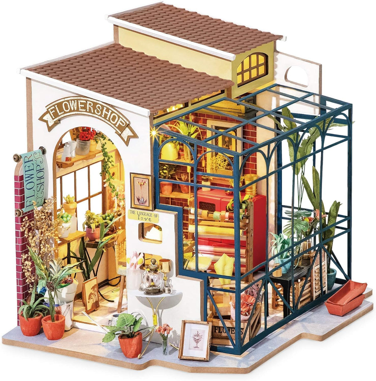 Rolife Emily's Flower Shop counter displays bouquets, perfect for arranging a lifelike scene.