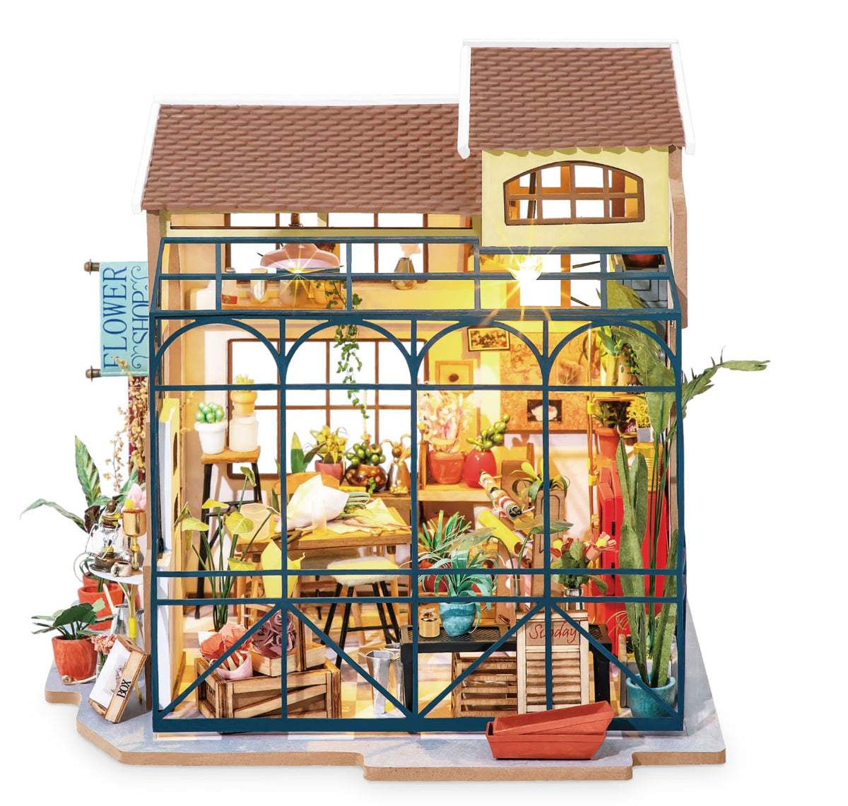 Rolife Emily's Flower Shop interior shows shelves and bouquets for creative arranging.