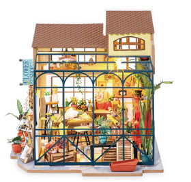 Rolife Emily's Flower Shop interior shows shelves and bouquets for creative arranging.