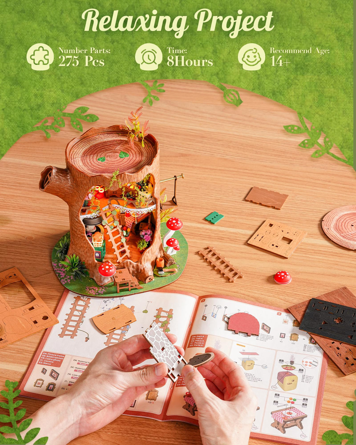 Rolife tree house kit kitchen clock detail enhances homely ambiance