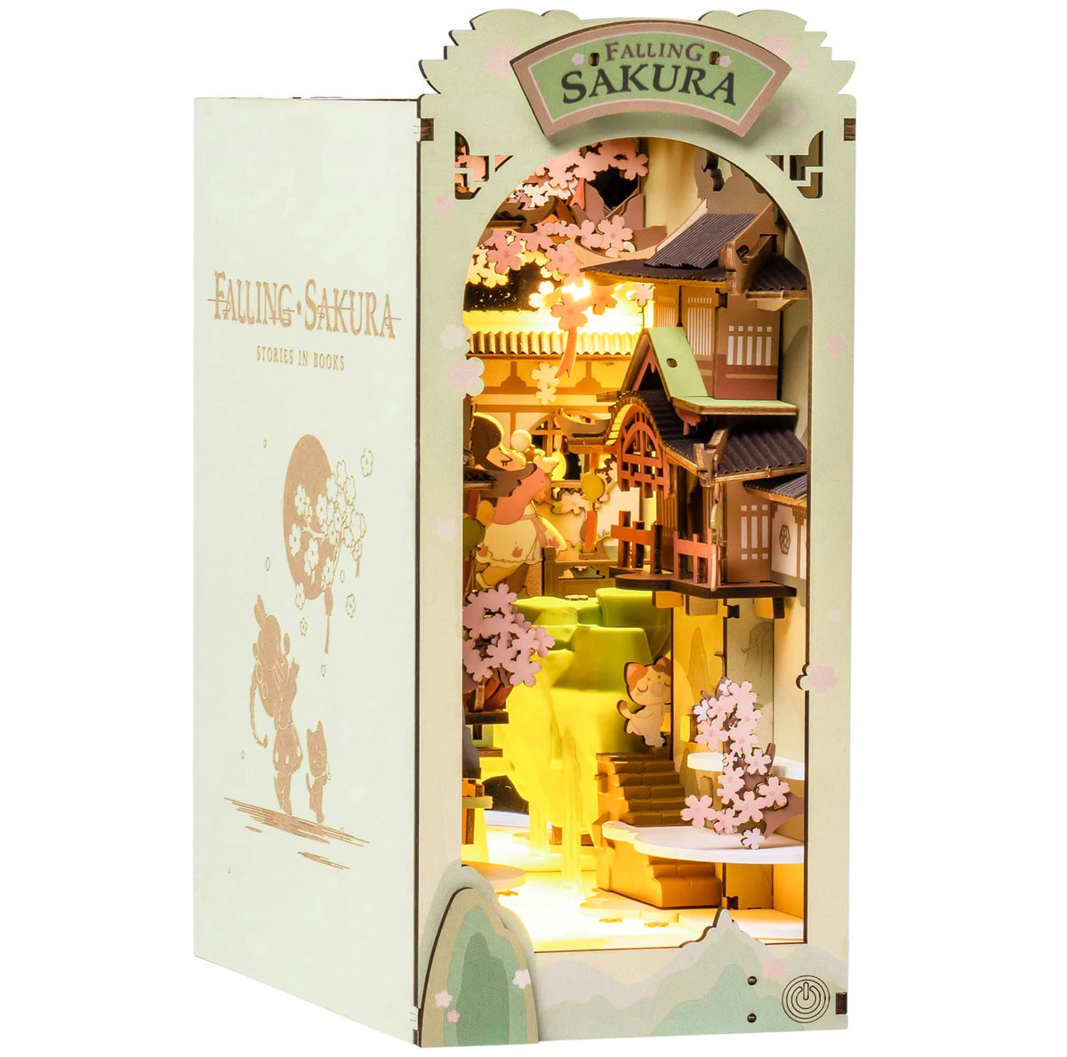 Rolife Falling Sakura book nook kit, front view, ideal desk decor elevating shelves