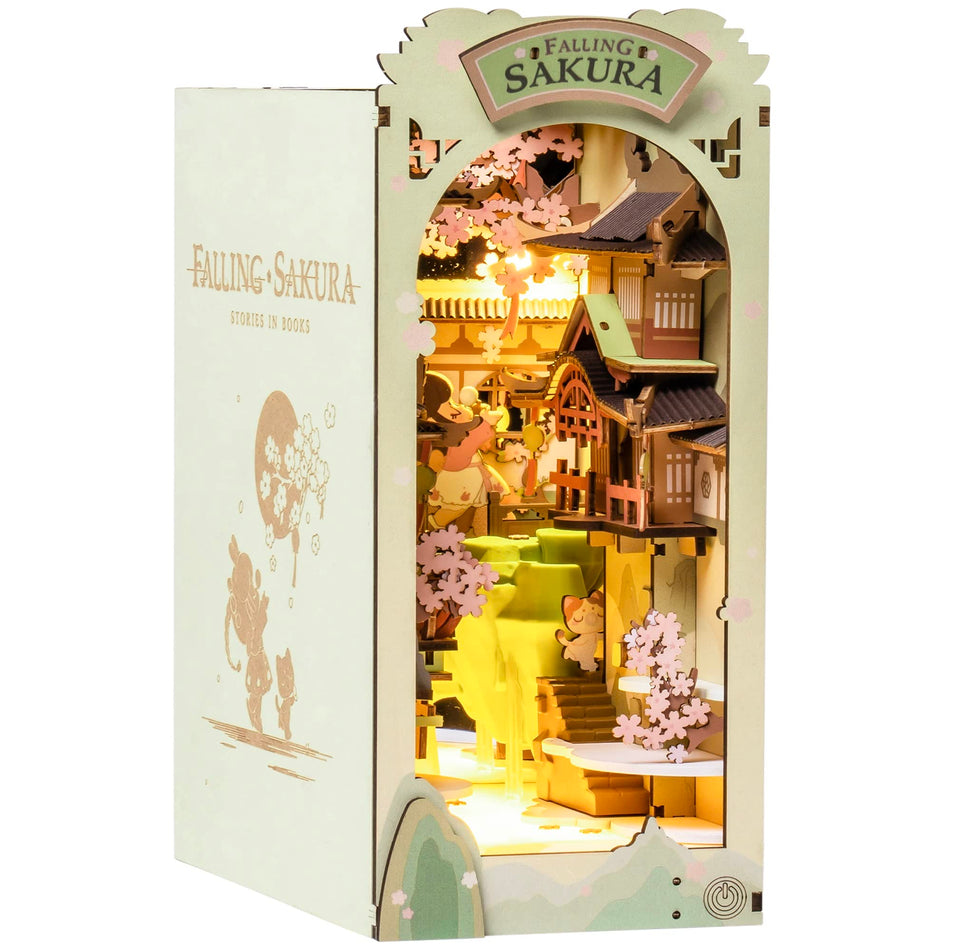 Rolife Falling Sakura book nook kit, front view, ideal desk decor elevating shelves