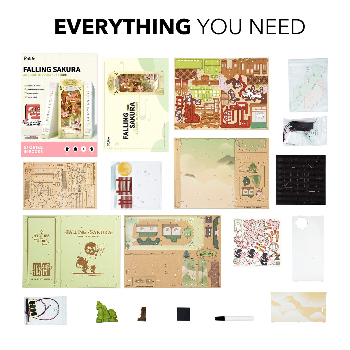 Rolife Falling Sakura DIY kit components with rich wooden textures