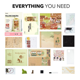 Rolife Falling Sakura DIY kit components with rich wooden textures