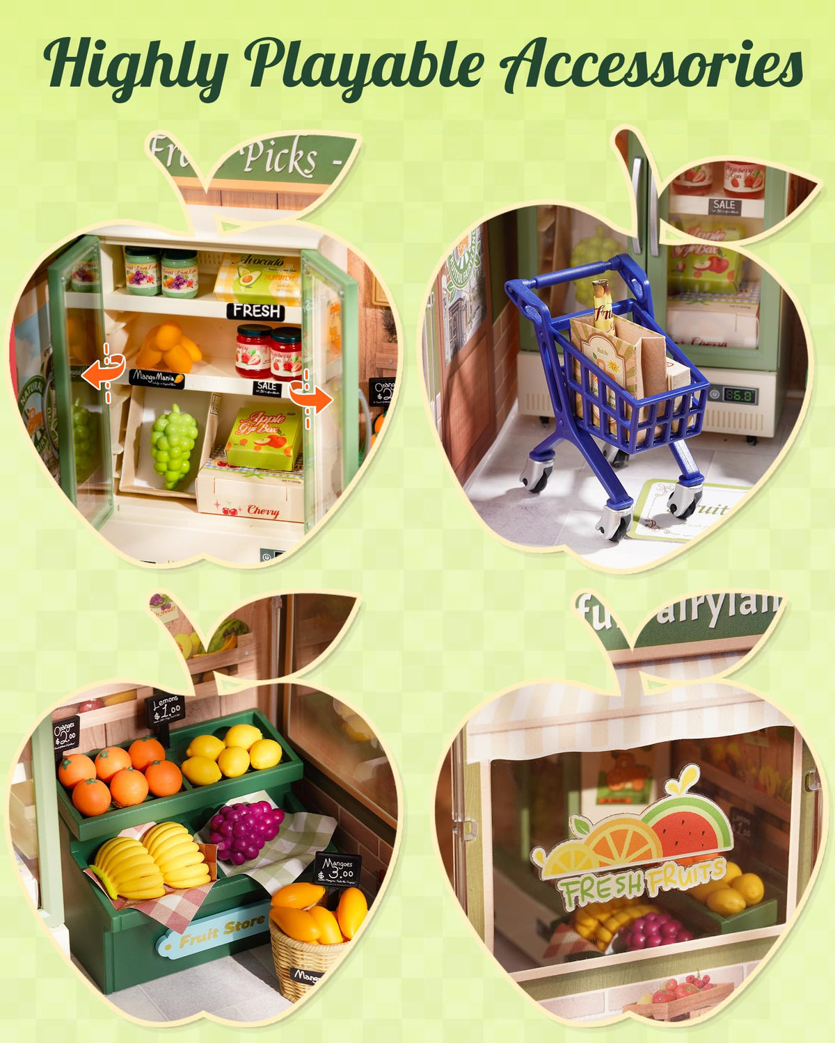 Rolife Fruits Shop assembly parts demonstrate quick, glue-free construction.