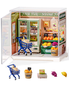 Rolife Fruits Shop packaging view, ideal for first-time miniature builders.