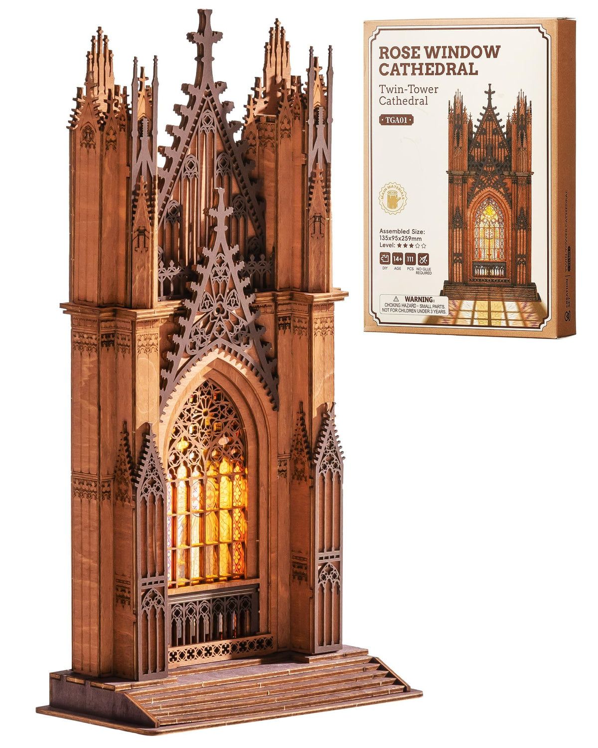 Rolife Gothic twin-tower cathedral front view with warm LED glow enhances shelf decor