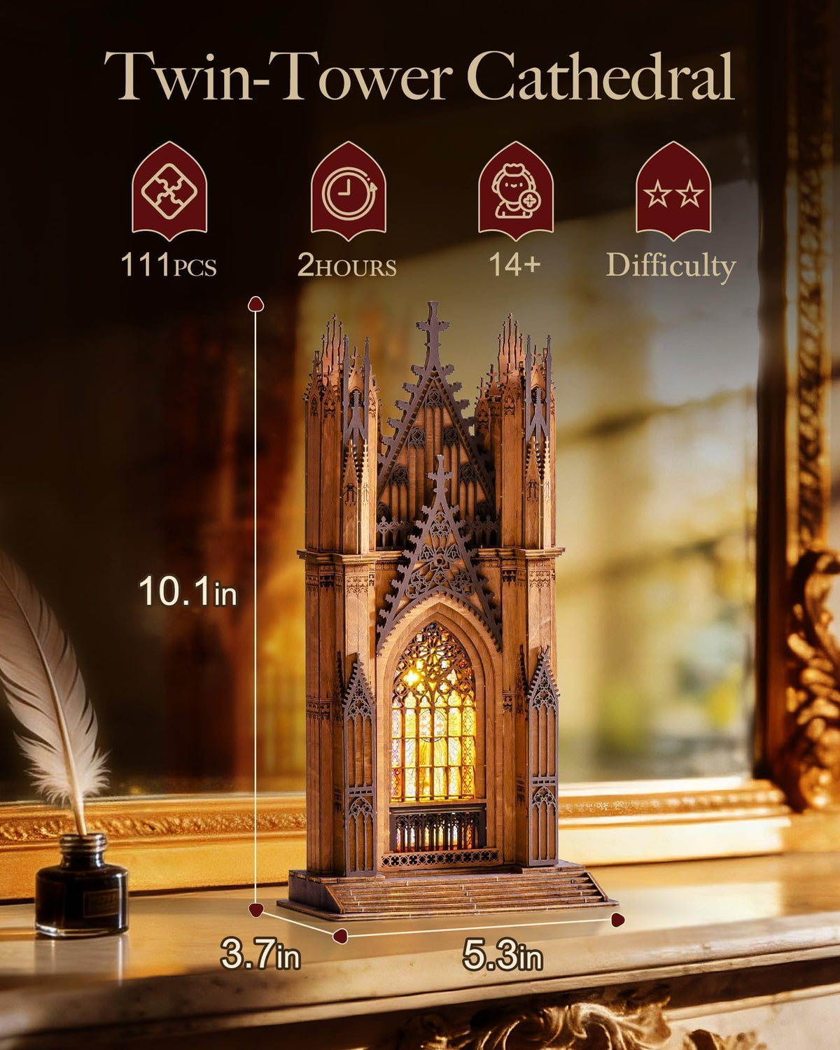 Rolife cathedral rose windows glow softly, creating ambient lighting in living room