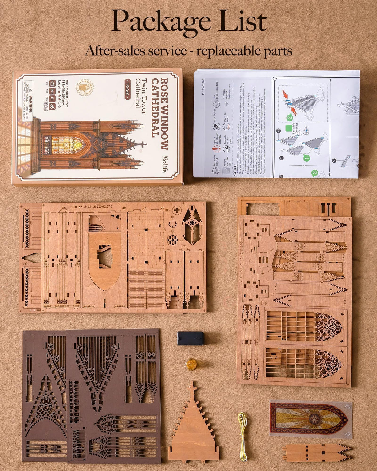 Rolife wooden puzzle components ready for adults’ DIY project