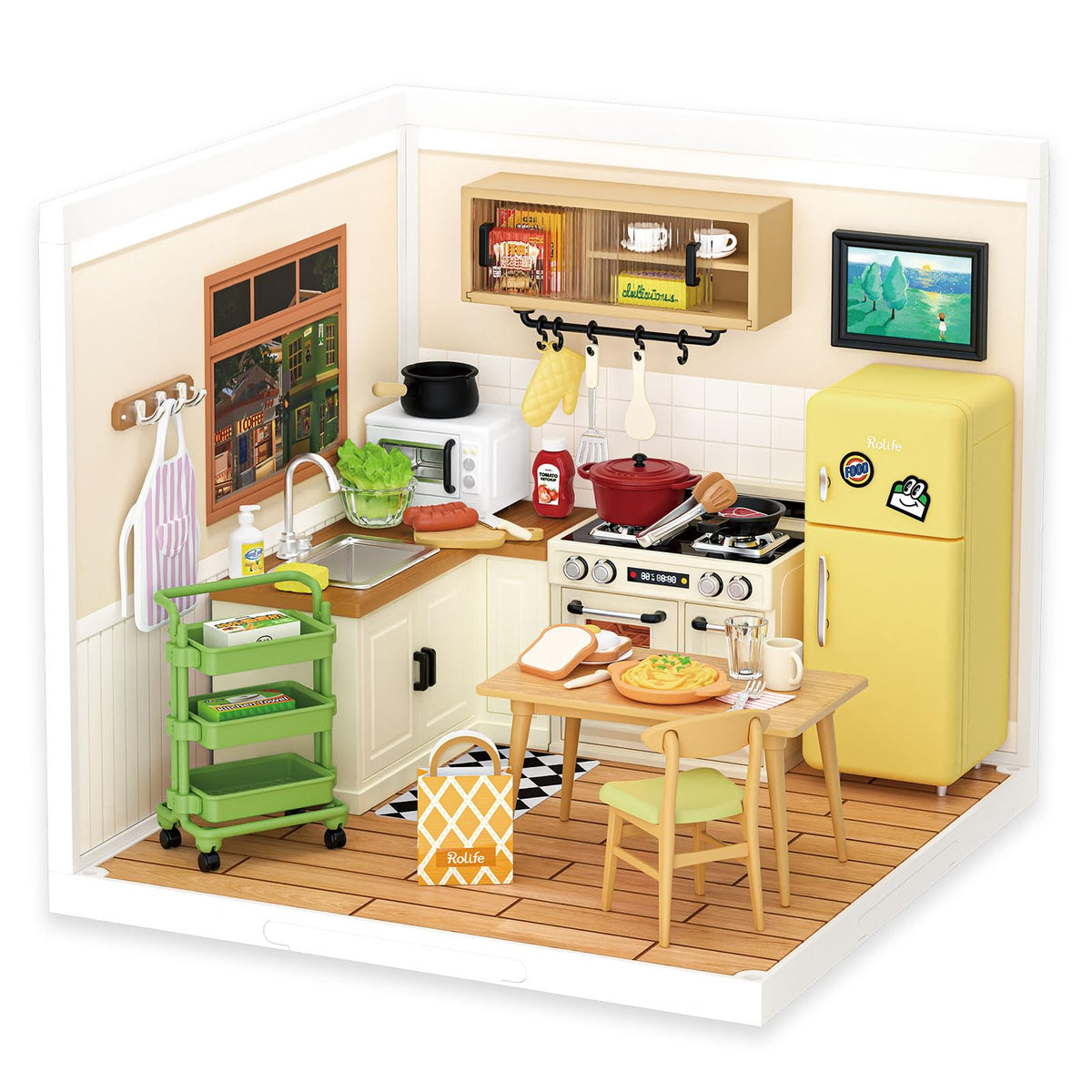Rolife Happy Meals Kitchen diorama front with LED lighting for display