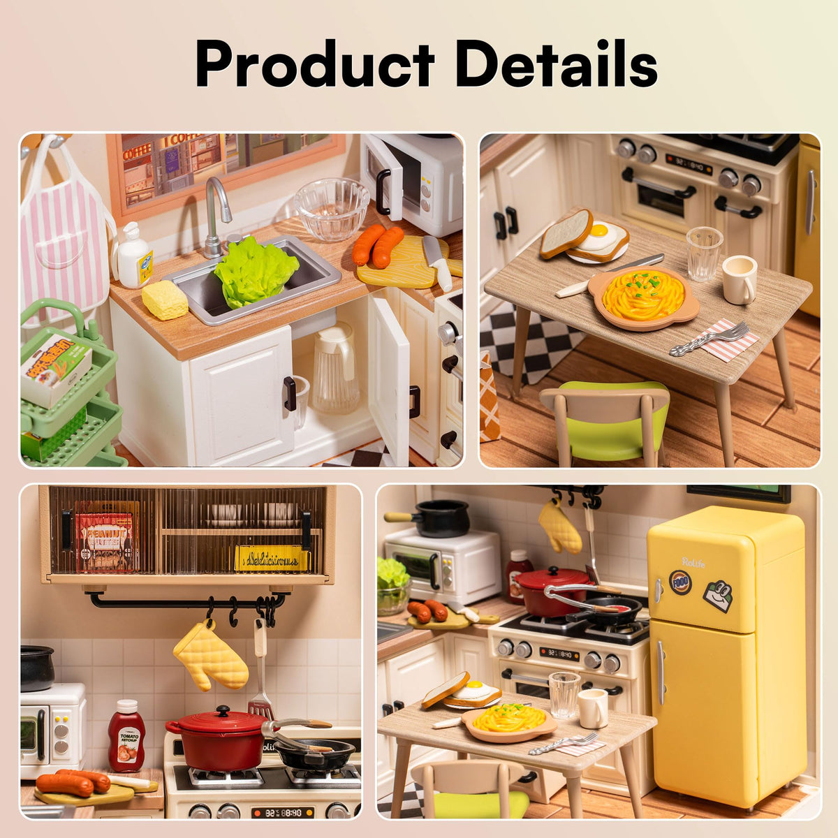 Rolife Happy Meals Kitchen shelves with snacks and cups offer visible storage options