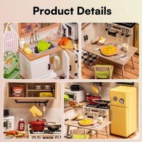 Rolife Happy Meals Kitchen shelves with snacks and cups offer visible storage options