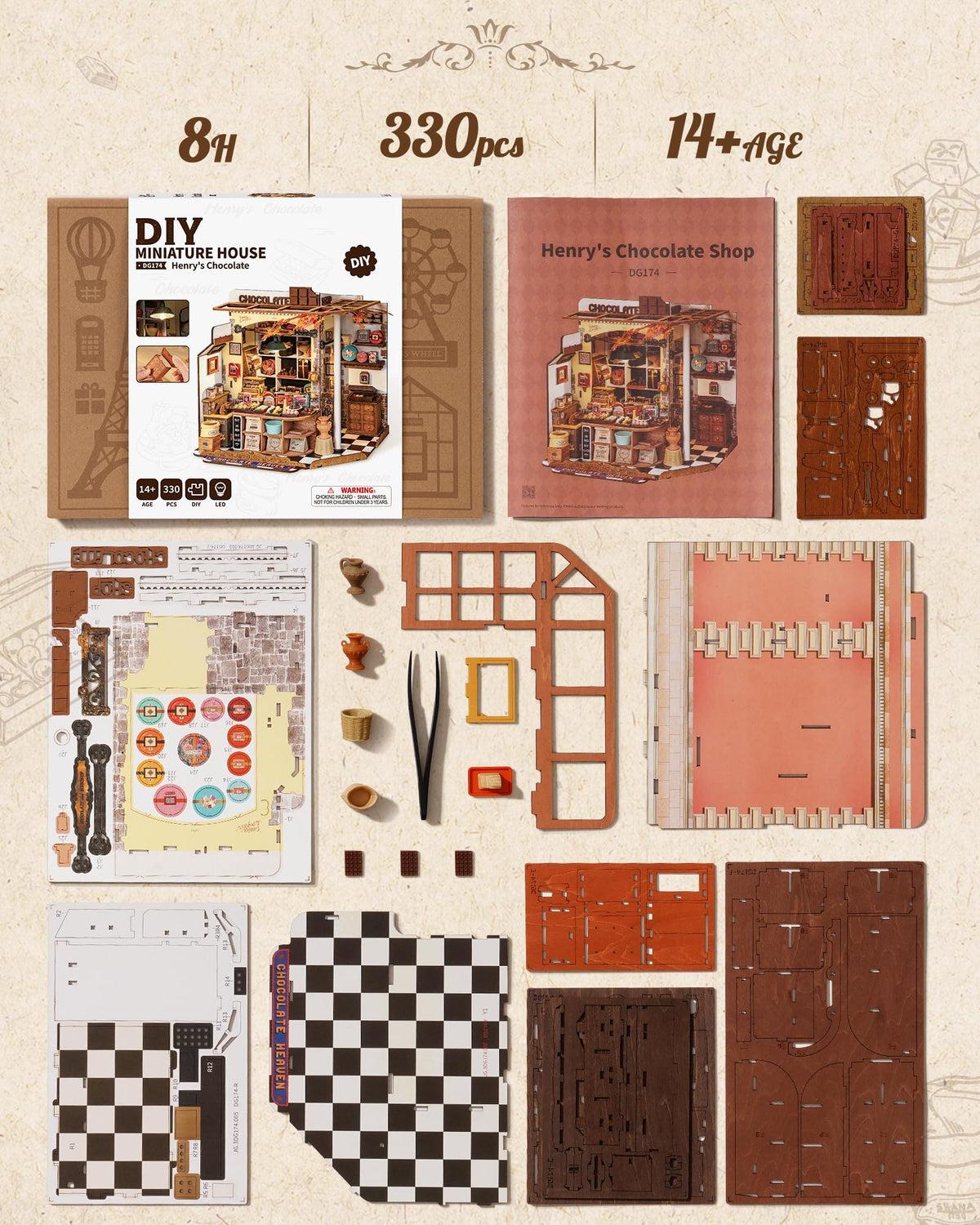 Rolife Henry's Chocolate Shop assembled scene shows a complete miniature for shelf-ready décor.