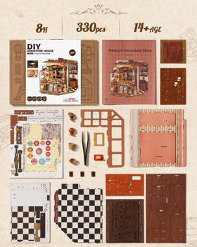 Rolife Henry's Chocolate Shop assembled scene shows a complete miniature for shelf-ready décor.