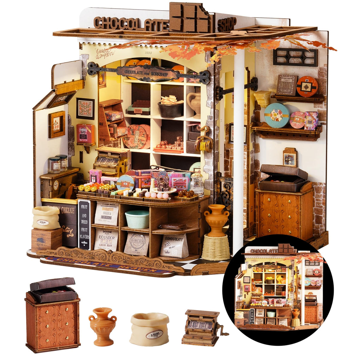 Rolife Henry's Chocolate Shop exterior showcases a cozy storefront for bookshelf display.
